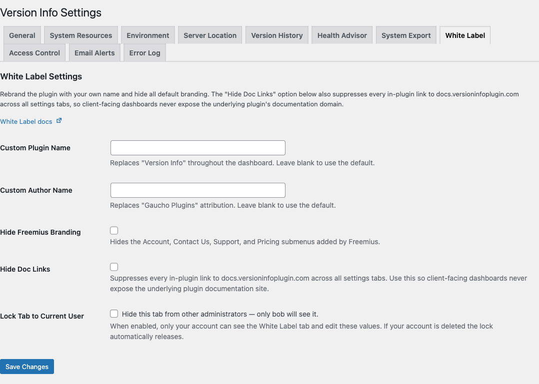 Version Info White Label settings tab with fields for custom plugin name, custom author name, hide Freemius branding checkbox, hide doc links checkbox, and lock tab to current user checkbox for agency rebranding